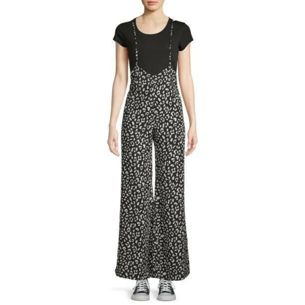 UO Love Sadie Animal Print Black White Wide Leg Suspender Jumpsuit XL